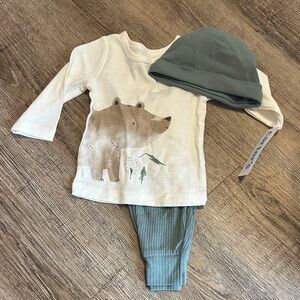 Carter's Cream and Green Bear Long Sleeve Tee with Hat